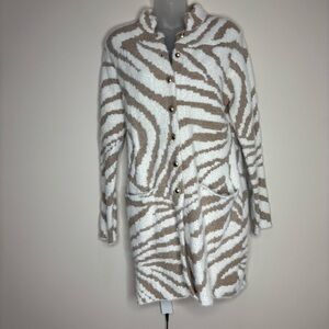 H by Halston Long sweater jacket Button up animal zebra print Small white cream